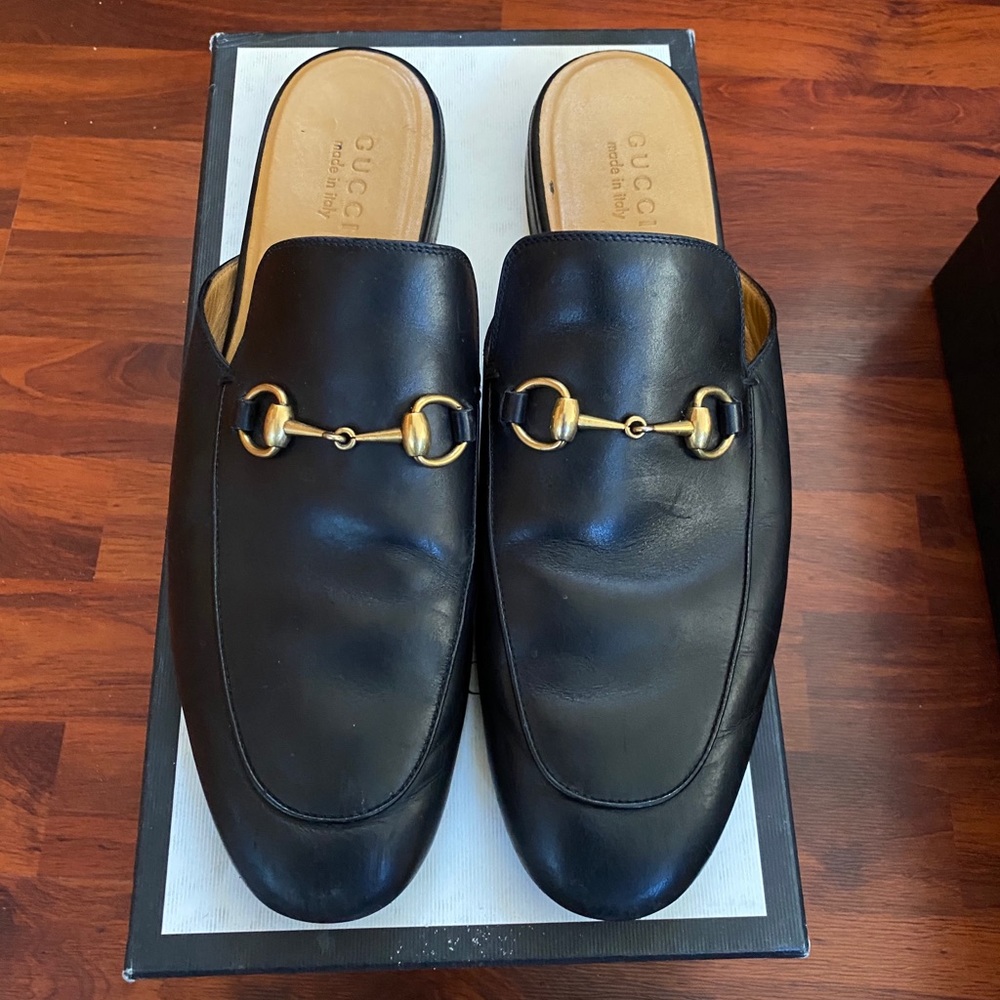 Gucci Black Leather Horsebit Loafers Slip-On Mules with Gold Hardware